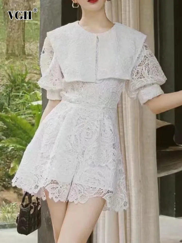 

Женское кружевное платье VGH, однотонное лоскутное платье с отложным воротником и пышными рукавами, элегантное модное платье с высокой талией и асимметричным подолом