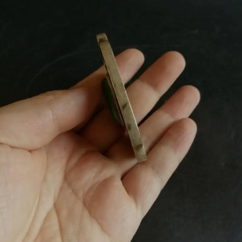 Rare Old China Silver Inlay Green Jade Gem Carved Ssangyong Pendant