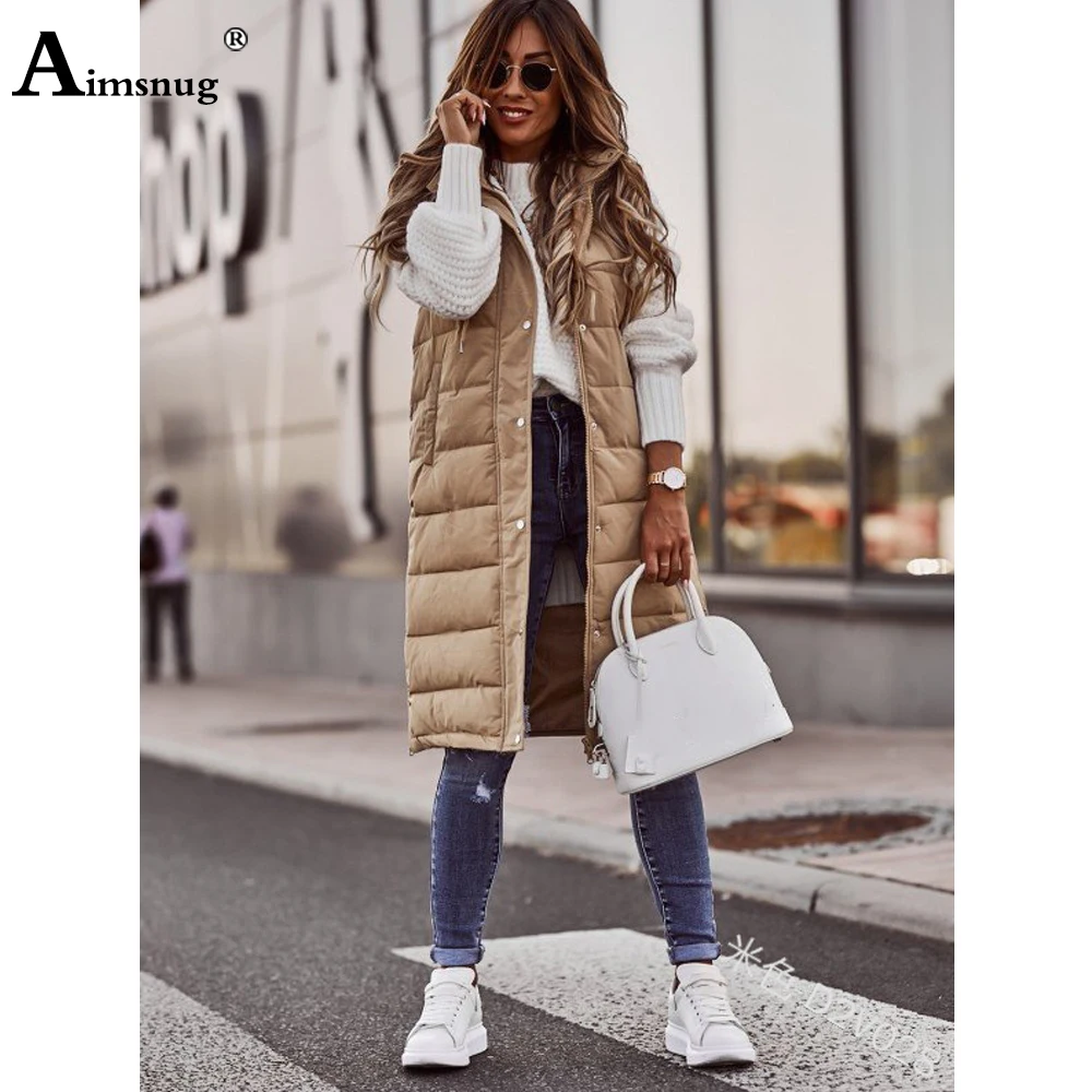

Women Hooded Vest X-Long Jackets 2022 Fashion Zipper Pockets Outerwear Sleeveless Tops Winter Cotton Coats Ladies Vintage Jacket