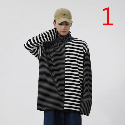 

2022 autumn new personality stripe stitching long-sleeved T-shirt men loose trend bottoming shirt men
