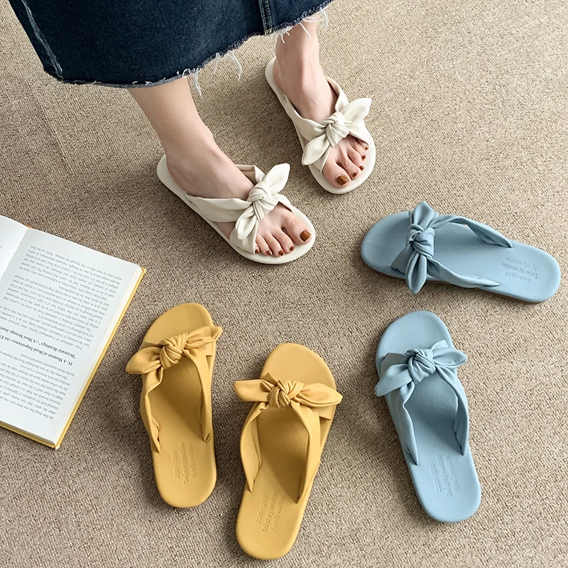 

Women's Summer Sandals One Line Flat Slippers With Bows Fashionable And Versatile Anti Slip Women's Slippers Soft Soled Shoes