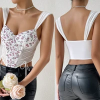 exquisite patchwork mesh camisole for women sweet lace up crop tops floral print tank tops chic summer v neck cami tops