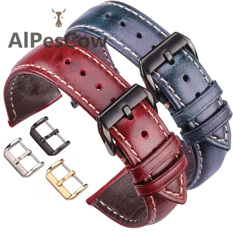 

Oil Wax Cow Leather Watch Band Women Men Strap 18mm 20mm 22mm 24mm Blue Red Yellow Green Bracelet With Metal Buckle Watchband
