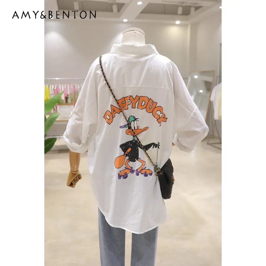 

Rollable Sleeves Cartoon Letter Cartoon Print Shirt Tops for Ladies Spring and Autumn Loose Thin Long Sleeve Shirt for Women
