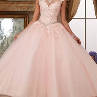 princess o neck ball gown pink quinceanera dress with lace up party gown with lace appliques backless short sleeve sweep train