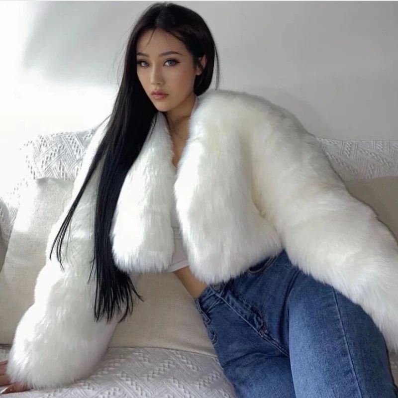 Autumn Winter Faux Fur Coat Women Fashion Solid Cardigan V-neck Short Plush Coat Women's Casual Long Sleeve Thick Warm Fur Coat
