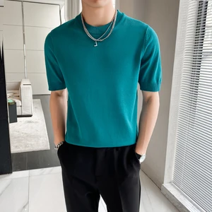Classic Solid Color Knitted T-shirt for Men Summer Short Sleeve Slim Casual Tshirt Round Neck Busine in Pakistan