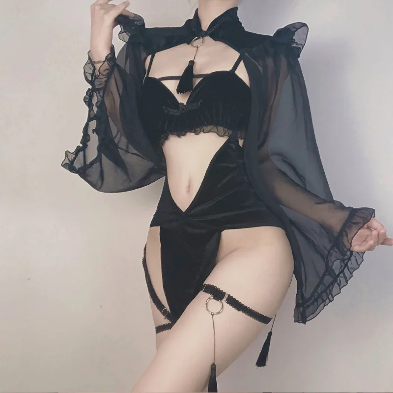 

Sexy Lace Cheongsam Uniform Witch Costume Cosplay Backless Vintage Velvet Hollow for Women Halloween Role-playing Anime Clothes
