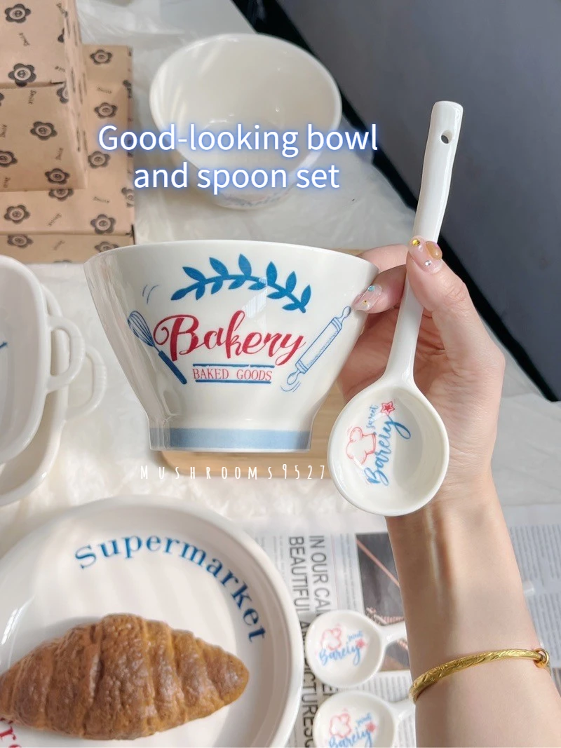 

Korean Red and Blue Letter High Bowl Breakfast Ceramic Tableware Eating Sauce Dish Steak Main Meal Plate Home Kitchen