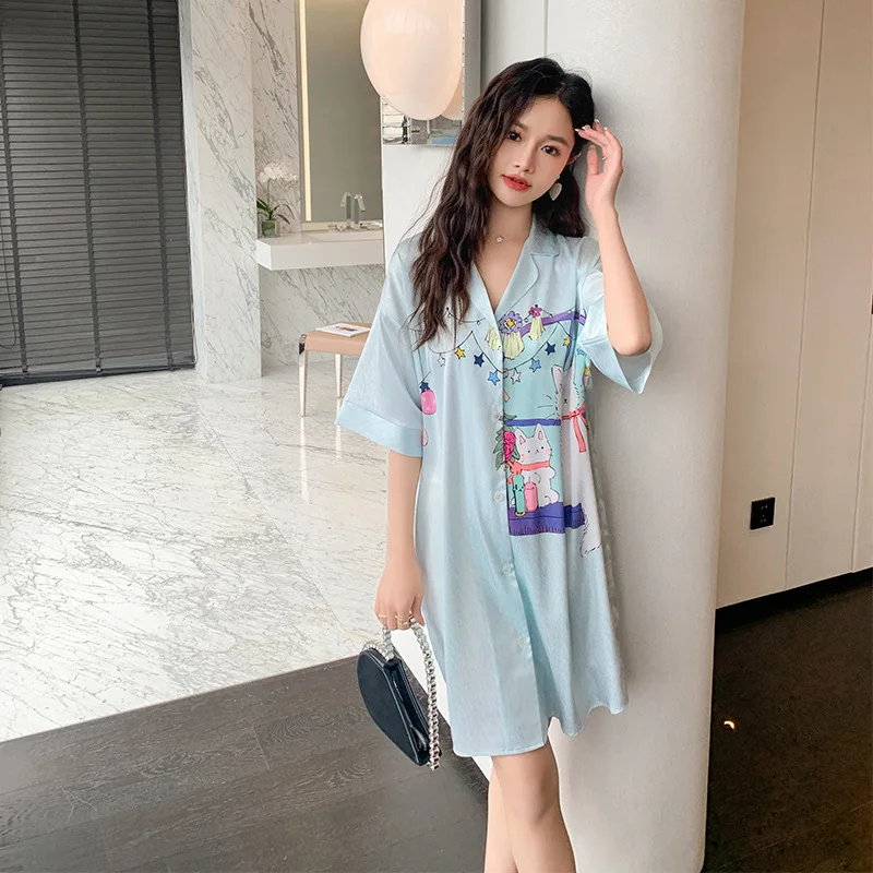 Pajamas Women's Summer Herringbone Pattern Large Size Mid-length Skirt Nightdress Sweet Girl Cartoon Cardigan Home Service