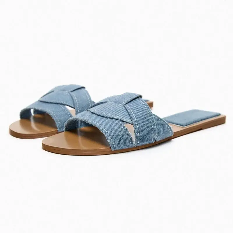 2023 New Blue Denim Flats Sandals For Women Casual Squared Toe Outdoor Slippers Female Elegant Slides Comfort Beach Sandal
