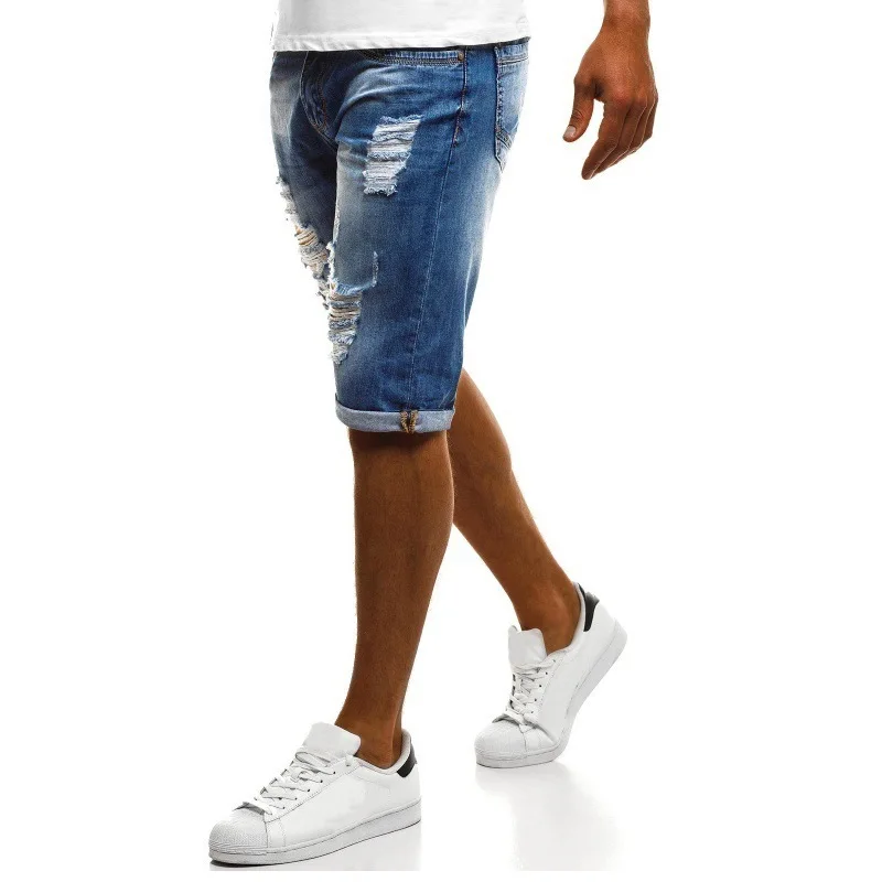 Men's New Jeans Flanging White Ripped Straight Fifth Pants Fashion Trendy Men's Jeans