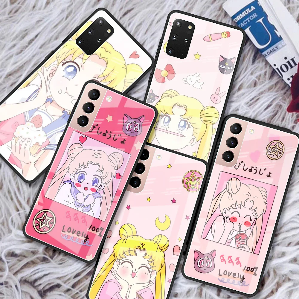 

Lovely Girls Cute Moon Phone Funda Case For Samsung S22 S21 Ultra S20 FE S10 S8 S9 Plus Tempering Glass Cover Note 20 10 9 Capa