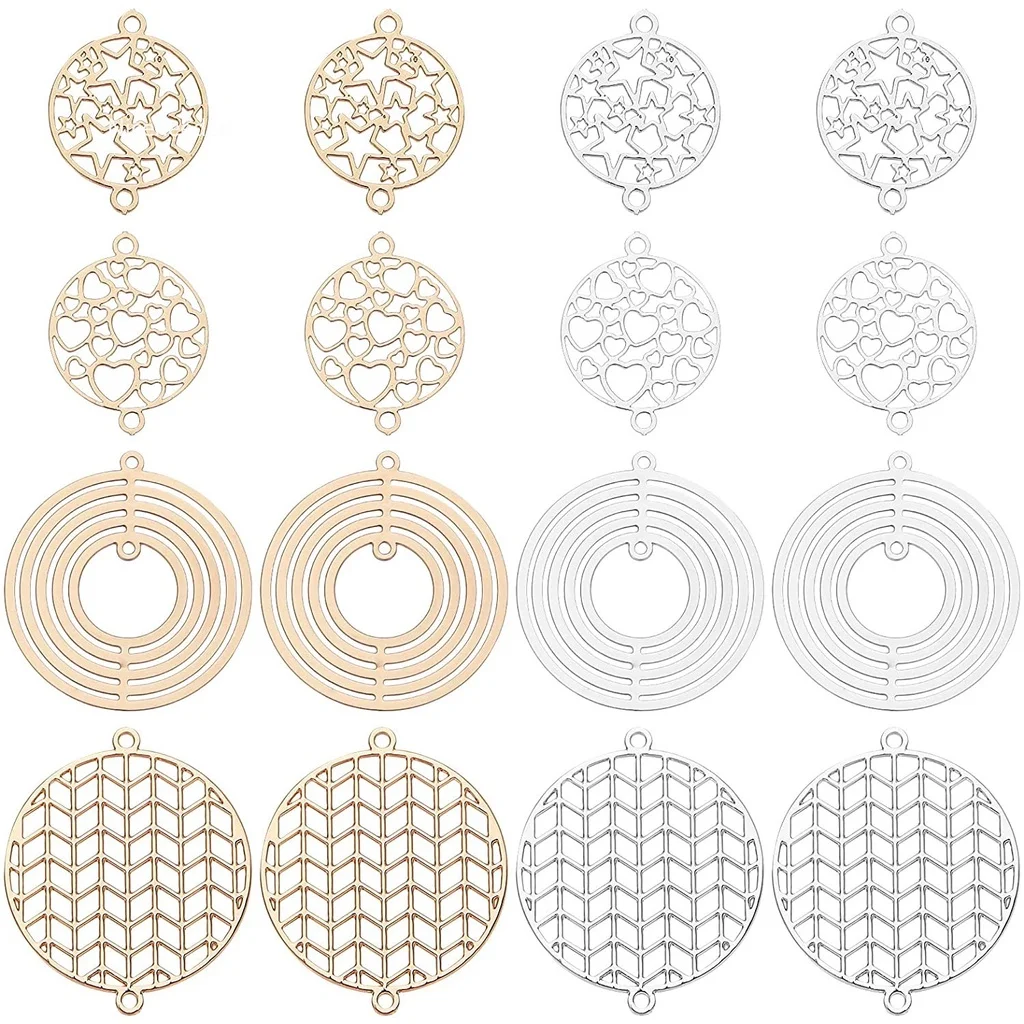 

80pcs 4 Styles Brass Links Connectors Flat Round Shape Connector Charms Jewelry Making Etched Metal Embellishments for Jewellery
