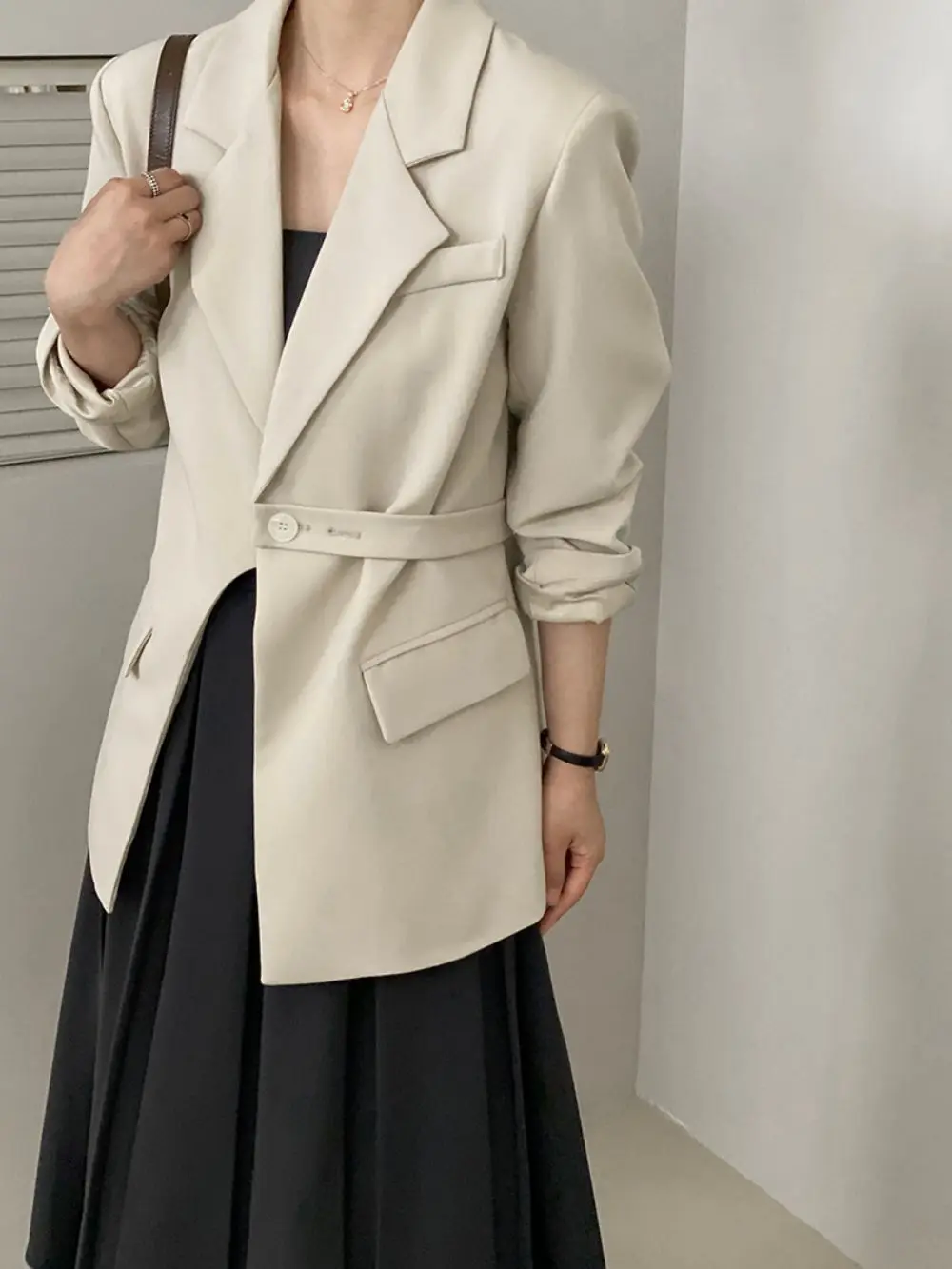 2023 New Spring Fashion Women's Blazer Notched Loose Single Button Long Sleeve Lace Up Waist Suit Jackets Slim Office Lady Coat