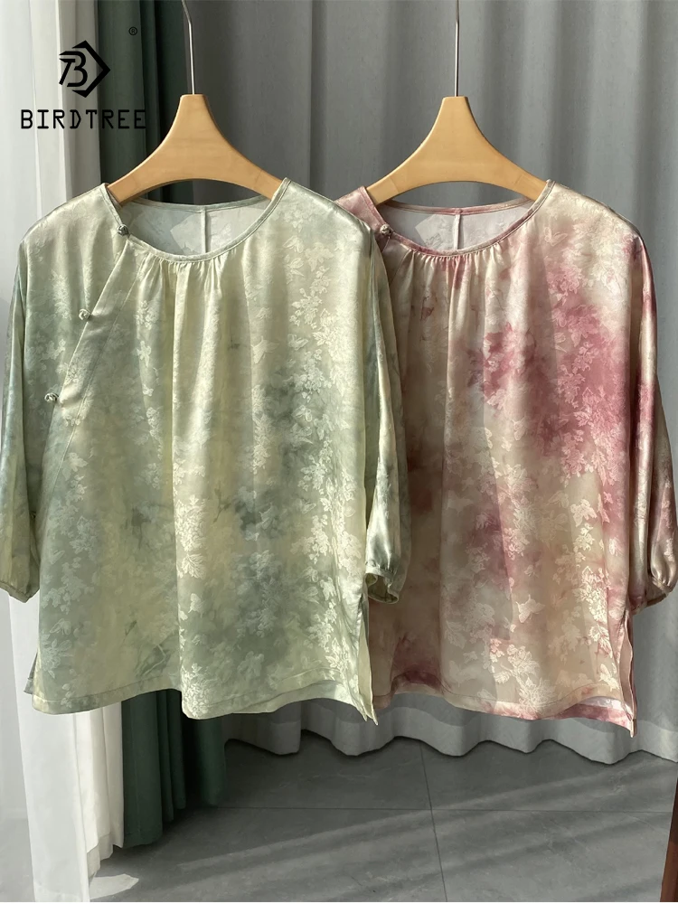BirdTree 17 9 мм 100% шелк тутового шелкопряда винтажная Новая китайская рубашка Женская