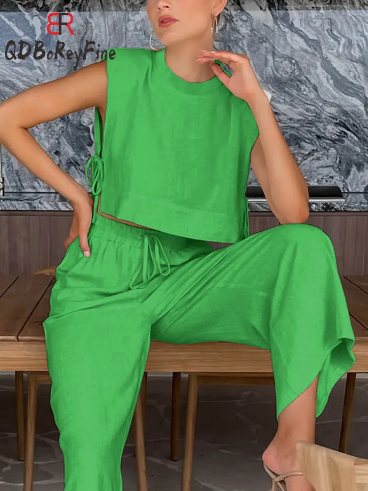 

2023 Summer Women's Cotton Linen Suits Casual Loose Lace Up Sexy Sleeveless Tops High Waist Wide Leg Pants Two Piece Sets Women