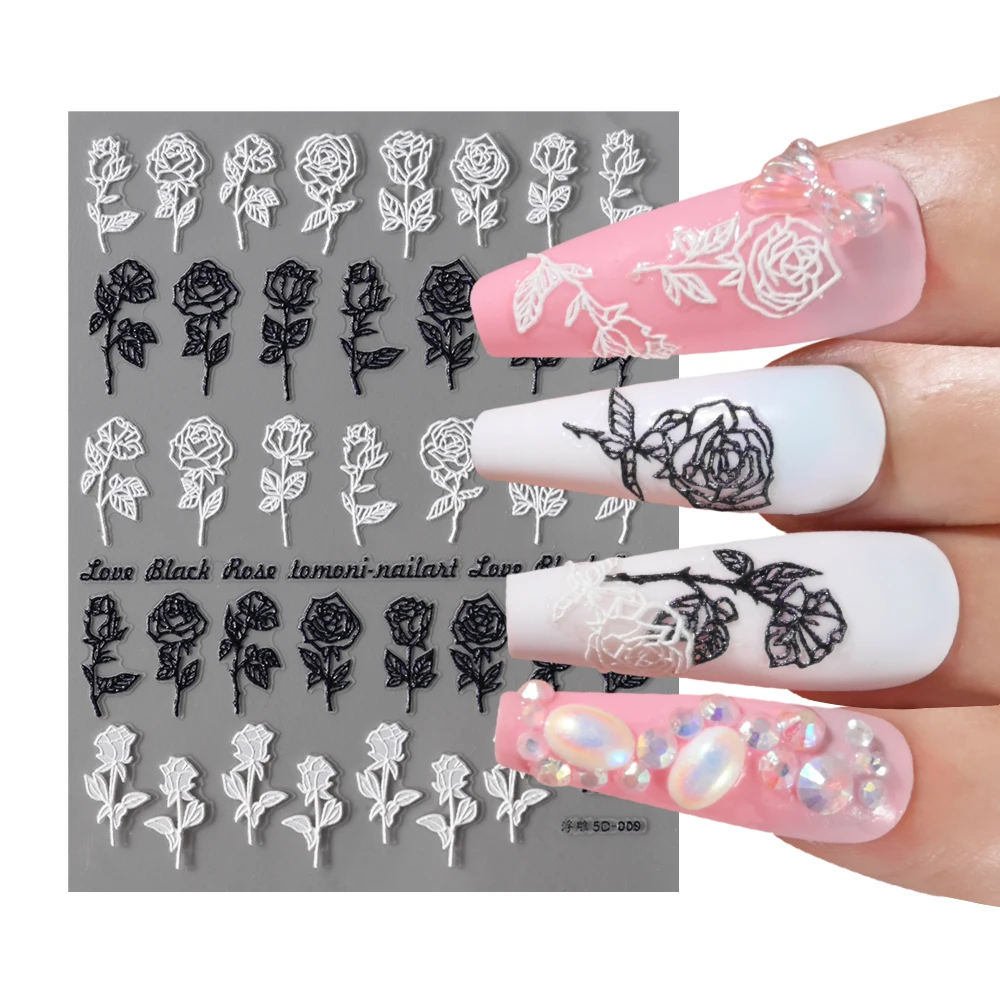 

5D Acrylic Flower Embossed Nail Stickers Black White Floral Lace Engraved Sliders DIY Nails Accesories Self Adhesive Decal