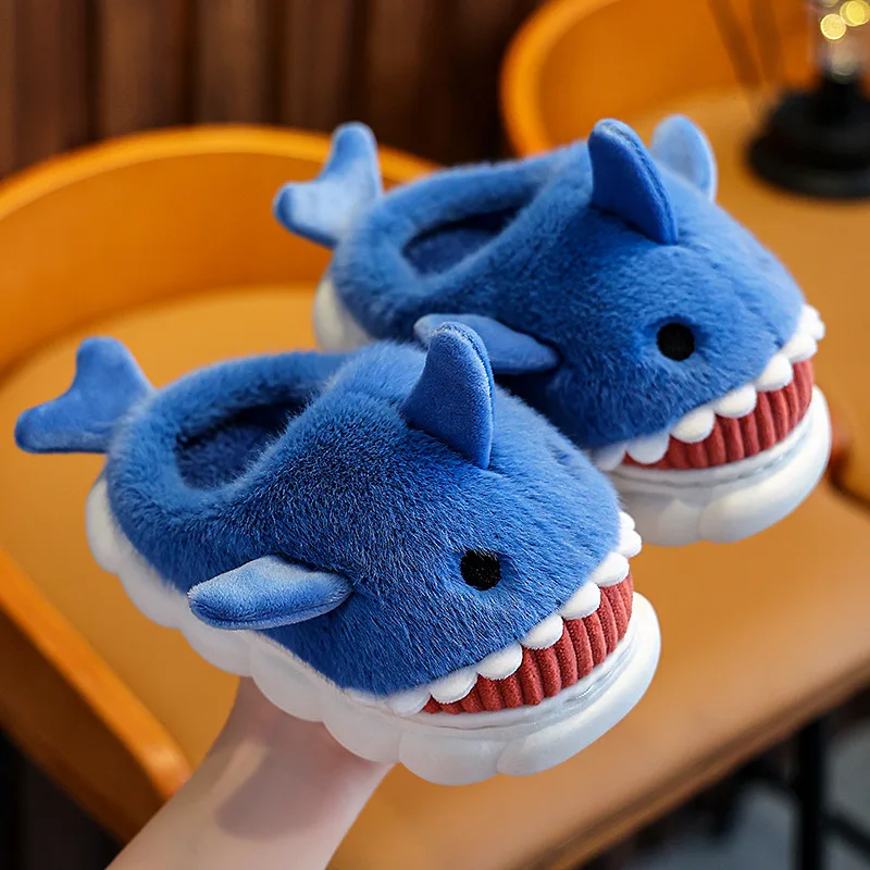 

Winter Baby Boy Girl Shark Slippers Warm Non-Slip Indoor Plush Cute Cartoon Soft Comfortable Young Children Kids Designer Shoes