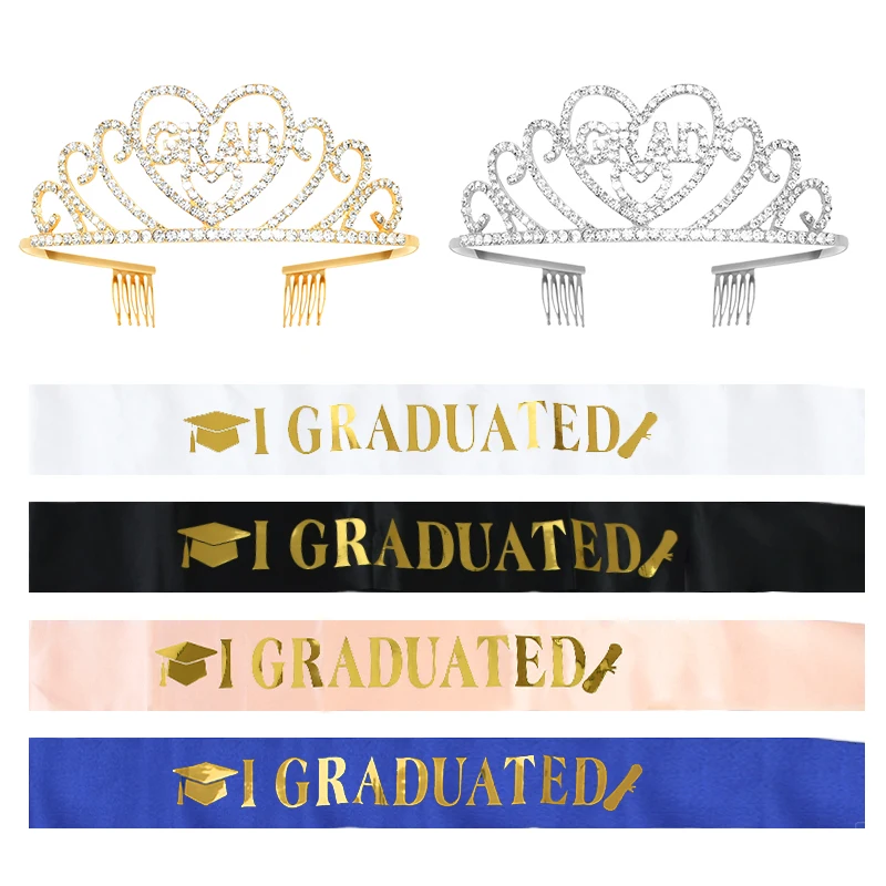 

Graduation Party Decoration I Graduated Ceremonial Belt Satin Sash Ribbon Grad Crown Tiara Set Graduation Party Photo Booth Prop
