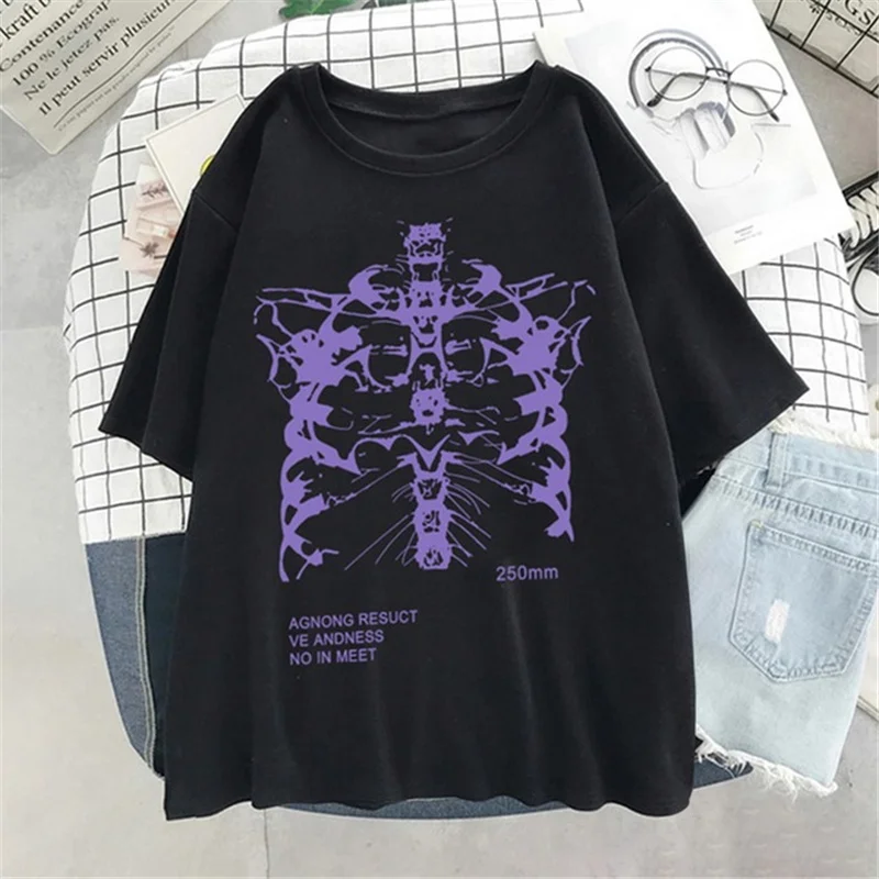 

Women T-shirt Oversized Female T-shirt Harajuku Dark Skull Bones Heart and Lung Print Short Sleeve Streetwear Tops Woman Clothes