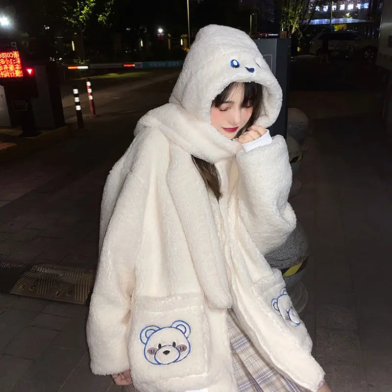 

Women Kawaii Bear Embroidered Zip Up Loose Hoodies Japanese Harajuku Lambswool Sweatshirt Coats Soft Girl Cute Plush Jacket 2021