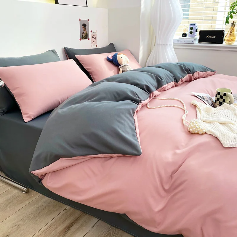 

Gray Pink Girl Bedding Set Queen Full Twin Dormitory Single Quilt Duvet Cover Sheet Brushed Bedclothes King Size Home Textile