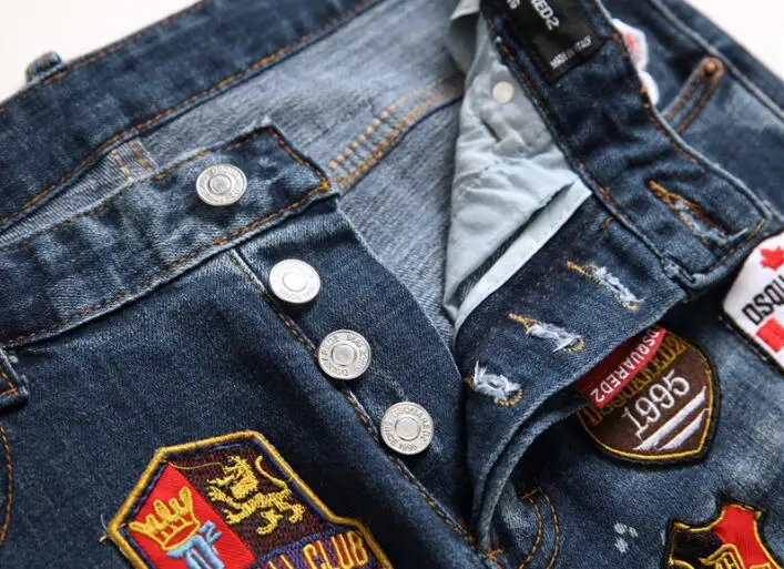 Hot Dsquared2 denim trousers high-quality patchwork contrast maple leaf stretch badge hole all handmade