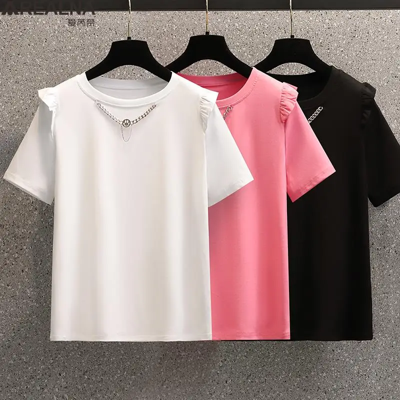 

Summer Women harajuku chain ruffles Tshirt short Sleeve T-Shirts Korean Casual oversized T Shirt Femme white pink black Tops 5XL