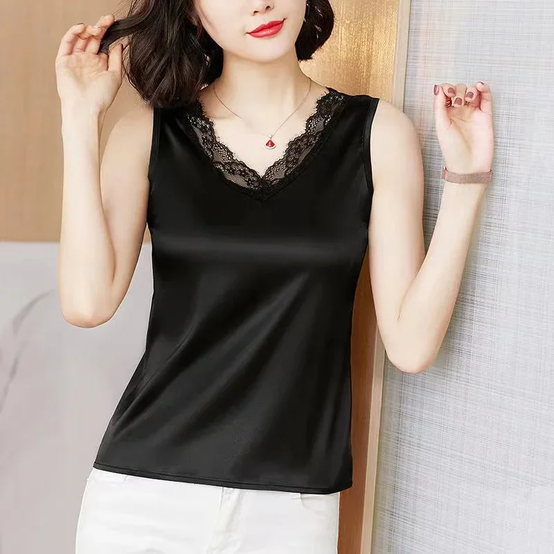 

Lace Spaghetti Strap Top Women Halter V Neck Basic White Cami Sleeveless Satin Silk Tank Tops Women'S Summer Women Clothing