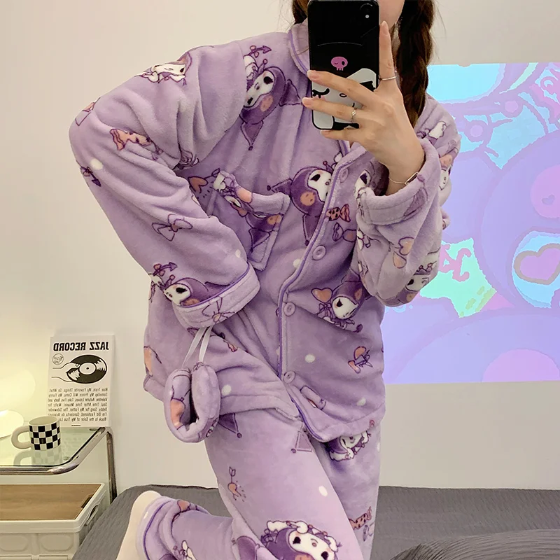 

Kawaii Sanrio Pajamas Cute Hellokitty Kuromi Mymelody Cinnamoroll Cartoon Fleece Warm Coral Fleece Household Suit for Girls Gift