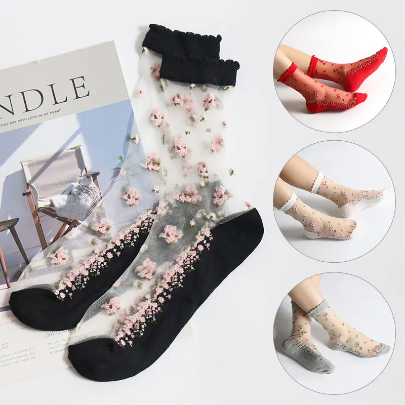

1 Pair Summer Ultra Thin Socks For Women Trend Floral Embroidery Socks Transparent Elastic Glass Silk Short Socks