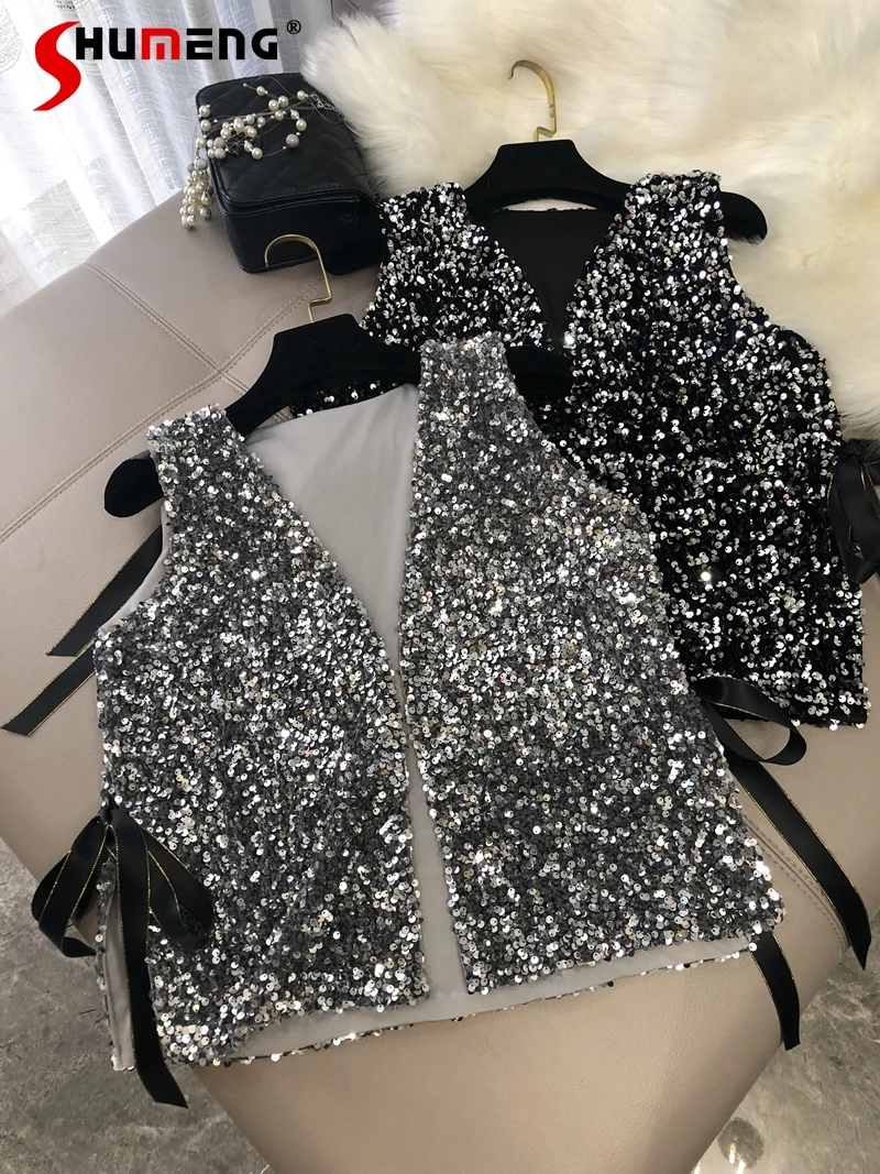 

2022 Spring New V-neck Bingbing Sequin Waistcoat Loose Lace-up Sequins Shirt Short Cardigan Silver Gray Vest Top Casual