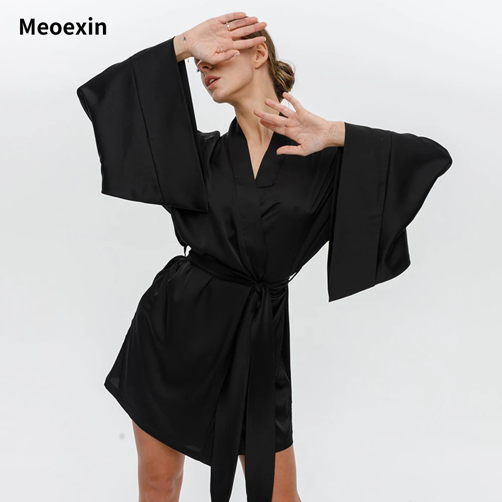 

Summer New Fashion Loose Cardigan Lace up Nightgown Solid casual lazy wind Ice Silk Sweat Steamed Clothes Home Furnishing Women