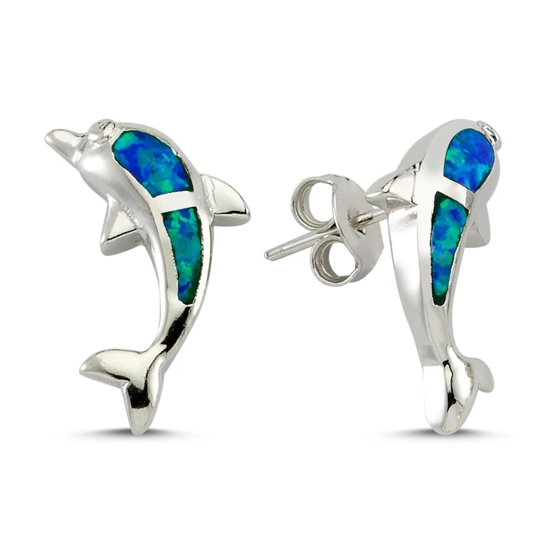 

Silver 925 Sterling Dolphin Pattern Opal Earrings