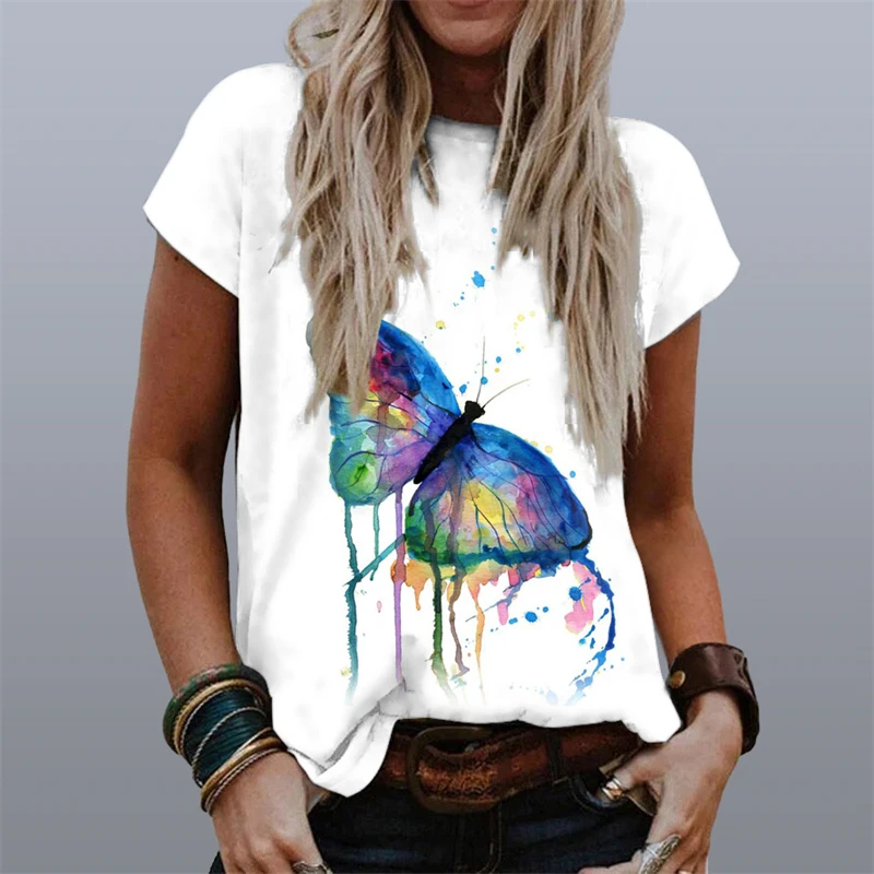

2022 Summer Women Vintage Butterfly Print -shirts Casual Tees Loose Tshirts Drop Shipping Short Sleeve Top Streetwear