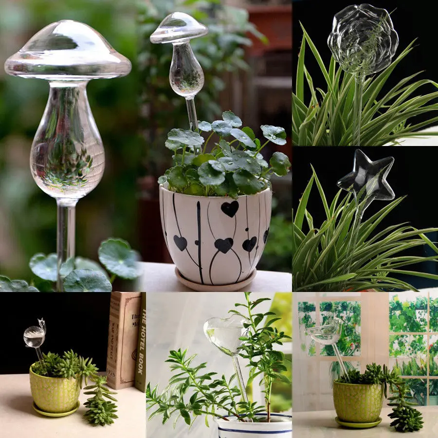 

6 Types Glass Plant Flowers Water Feeder Automatic Self Watering Devices Bird Star Heart Design Plant Waterer