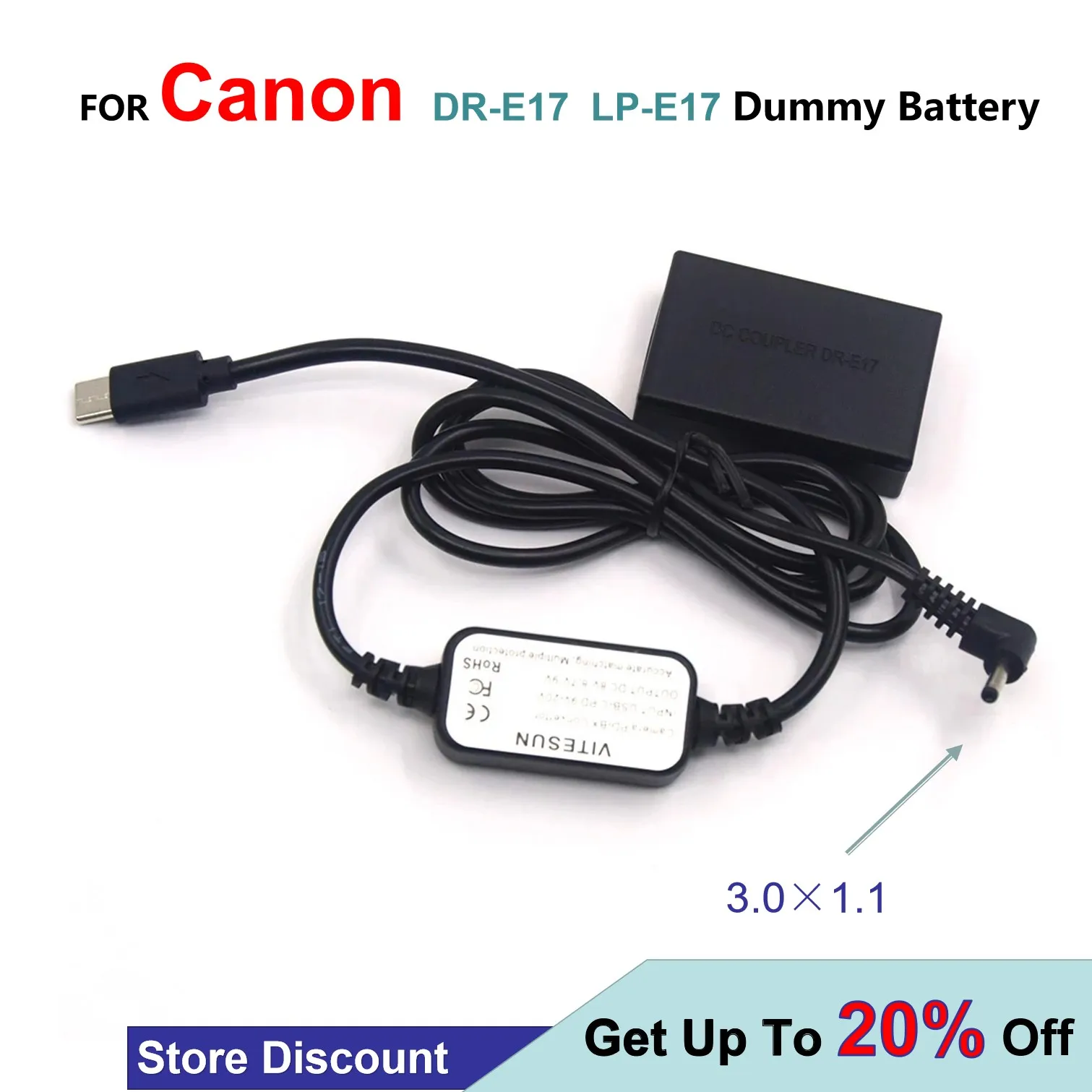 

DR-E17 DC Coupler LP-E17 Dummy Battery + USB Type C USB-PD Converter To DC Cable + For Canon EOS M3 M5 M6