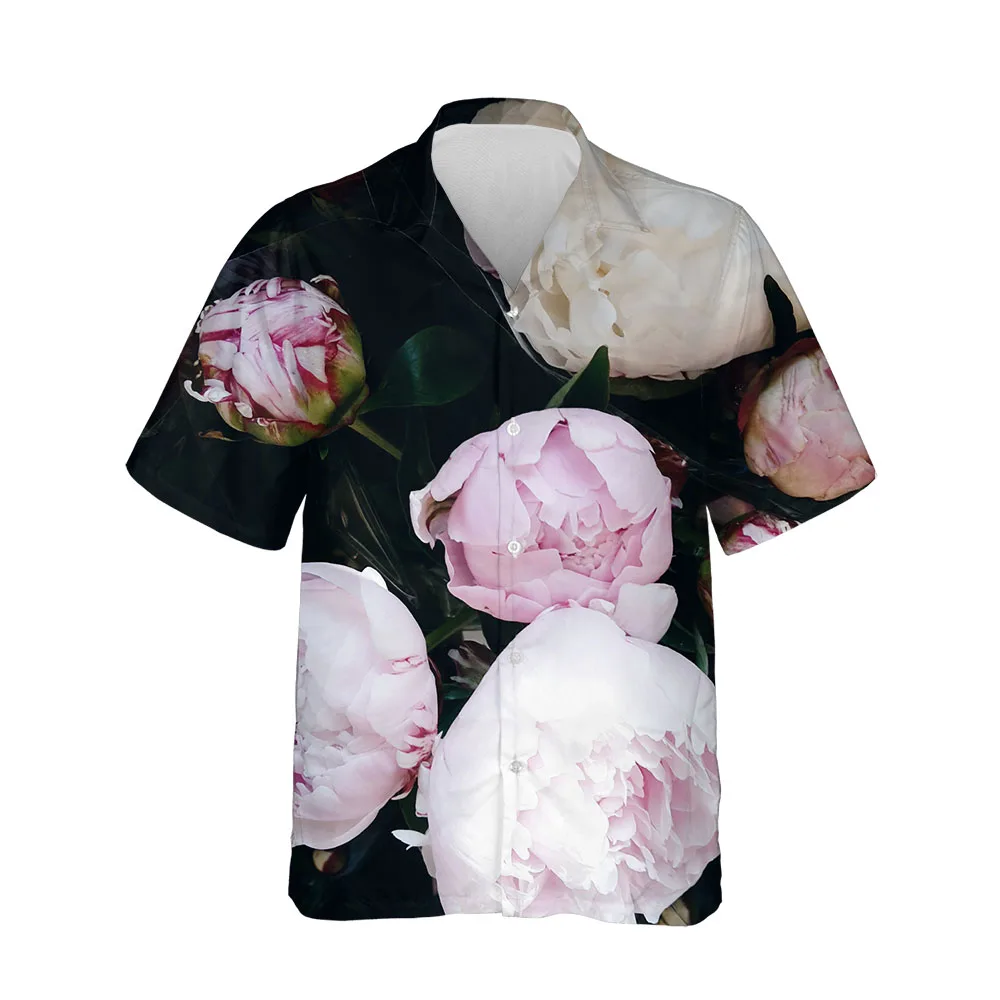Jumeast Peony Flower Blouses Printing Pattern Summer Short Sleeve Mens Shirt Single Breasted Oversized Shirts For Men Streetwear