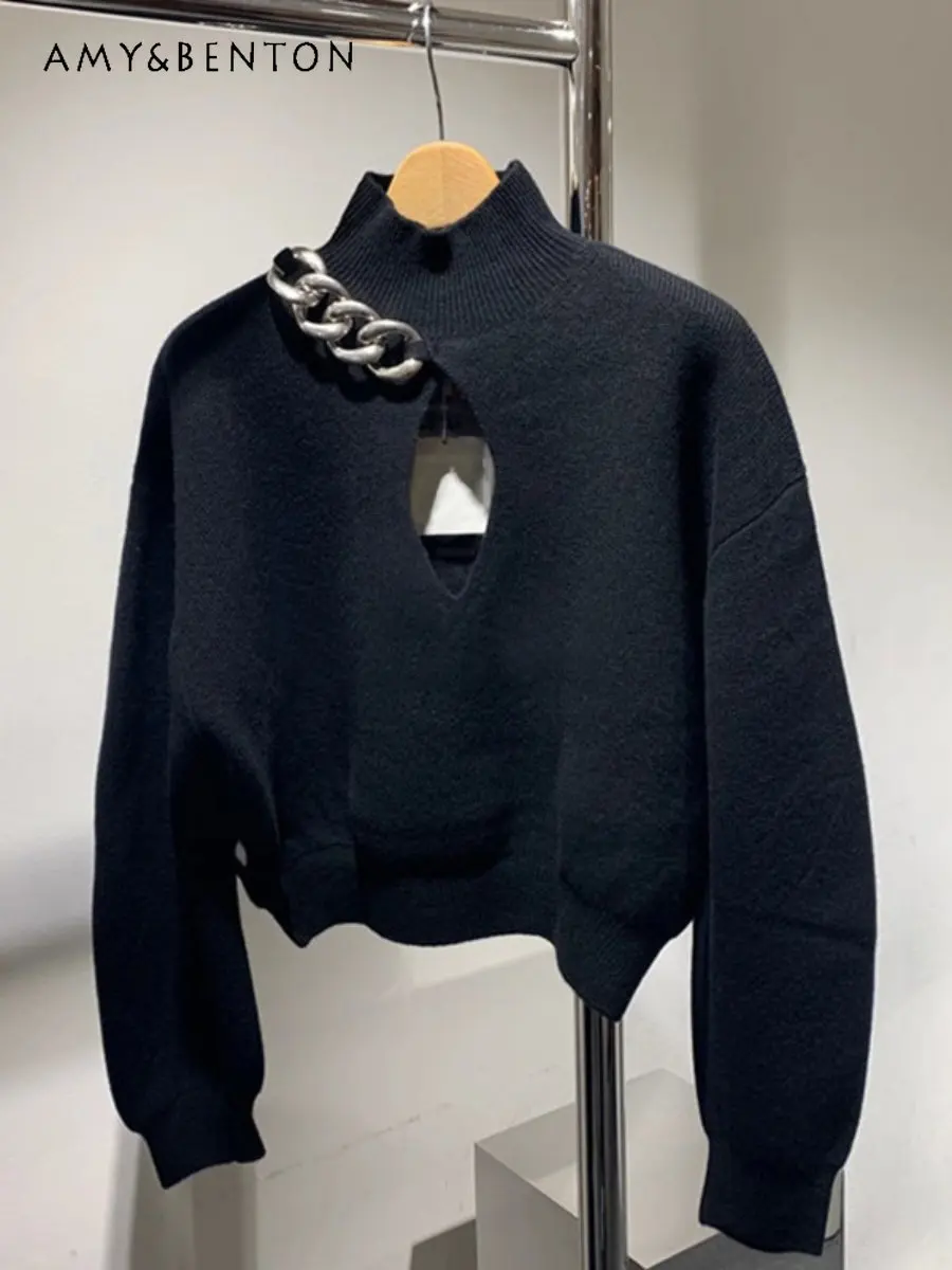 

Loose Outer Wear Idle Style Women's Sweater New Elegant Fashion Bottoming Pullover Autumn and Winter Black Short Knitwear