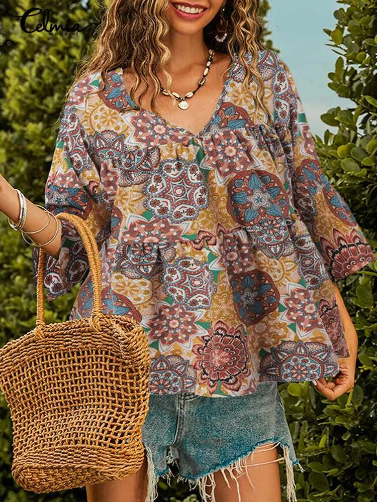 

Повседневная Свободная блузка с баской 2022 Celmia, винтажные женские топы с цветочным принтом и рукавом 3/4, с оборками, богемная туника с V-образн...