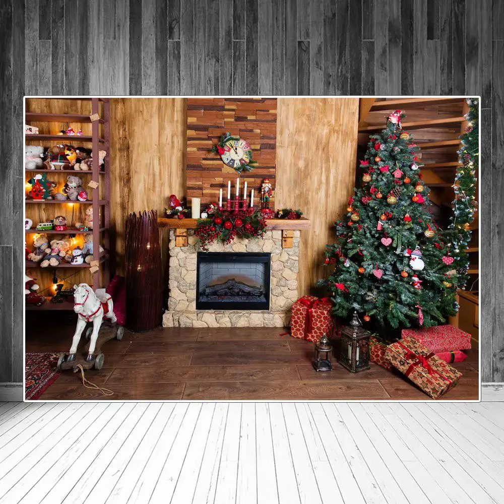 Christmas Tree Gift Fireplace Toys Shelf Room Scene Photography Backgrounds Custom Baby Party Decoration Photo Booth Backdrops