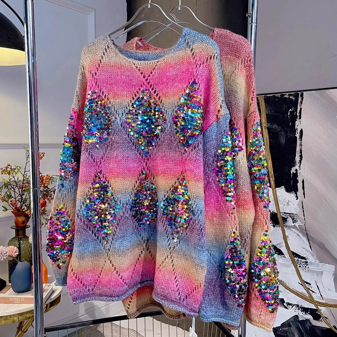 

Luxury Blingbling Colored Sequins Rainbow Knitted Sweater Women's Round Neck Loose Mid- length Knitwear Pullover Pull Femme