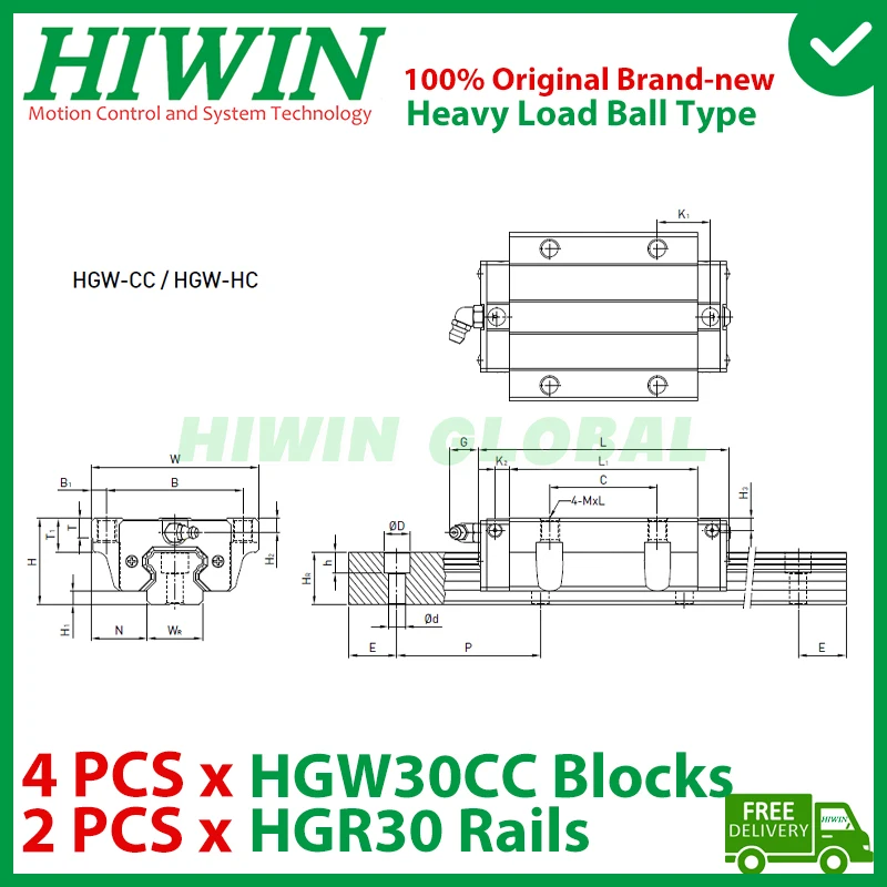 Оригинальная линейная направляющая HIWIN HGR30 300 400 500 600 700 800 900 1000 1100 1200 1500 мм, направляющая HGW30CC, фрезерный станок с ЧПУ для каретки, новый (art.: 3920cf5bec351) - 3920cf5bec351