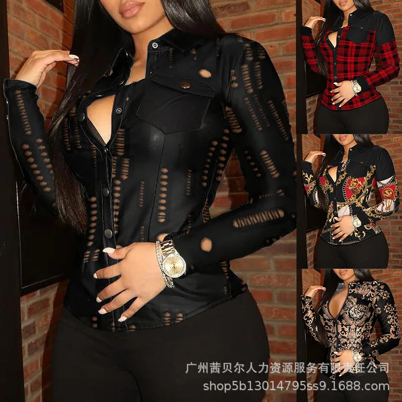 

Women's Casual Single Breasted Lapel Leather Tops 2022 Spring Autumn New Fashion Sexy Hollowed Out Long Sleeve Women's Blouse