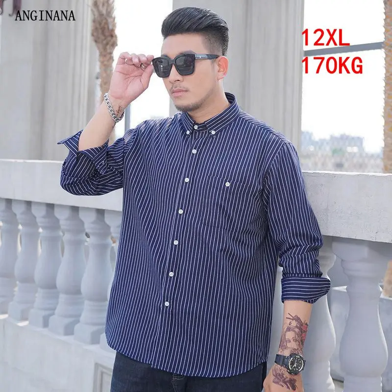 Plus size 12xl 170kg men's long sleeved striped shirt big size 10xl 9xl 8xl business spring Lapel super large shirt dark blue