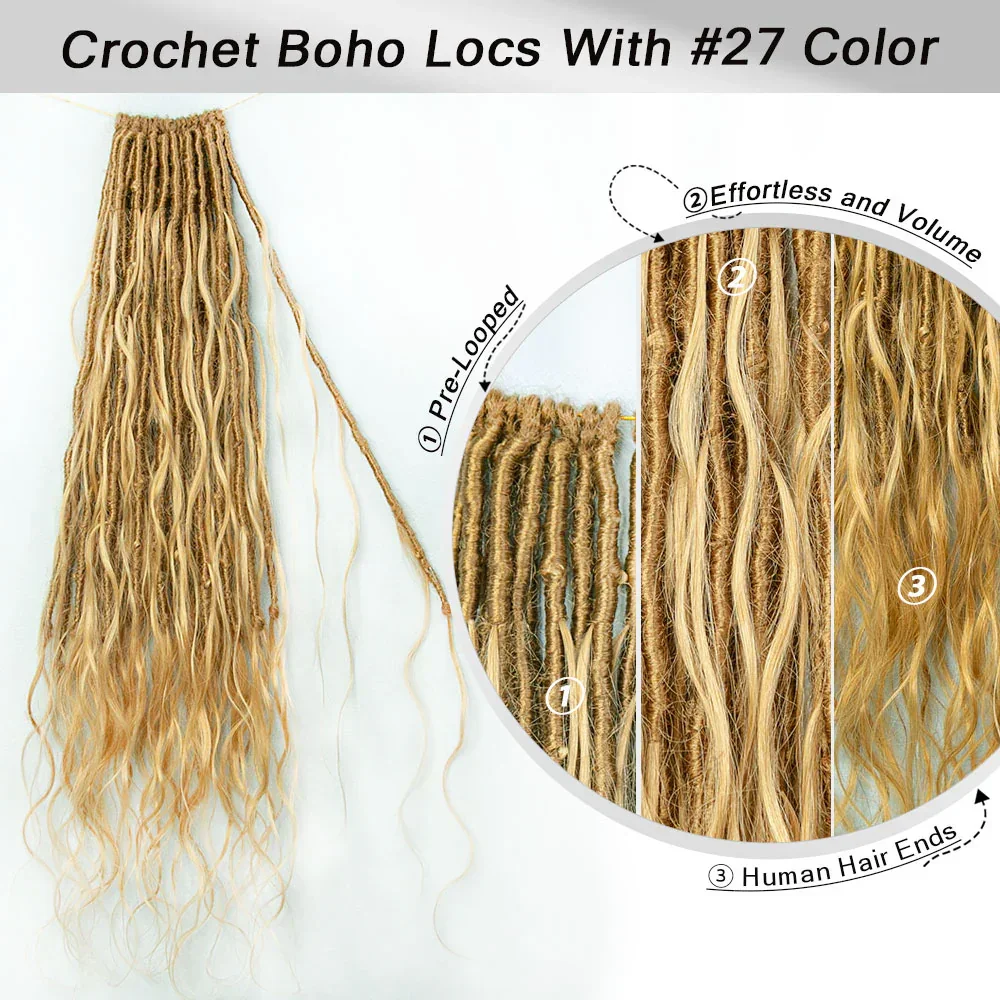 #27 Goddess Locs Crochet Hair Pre Looped Faux Extension With Body Wave Human Curls