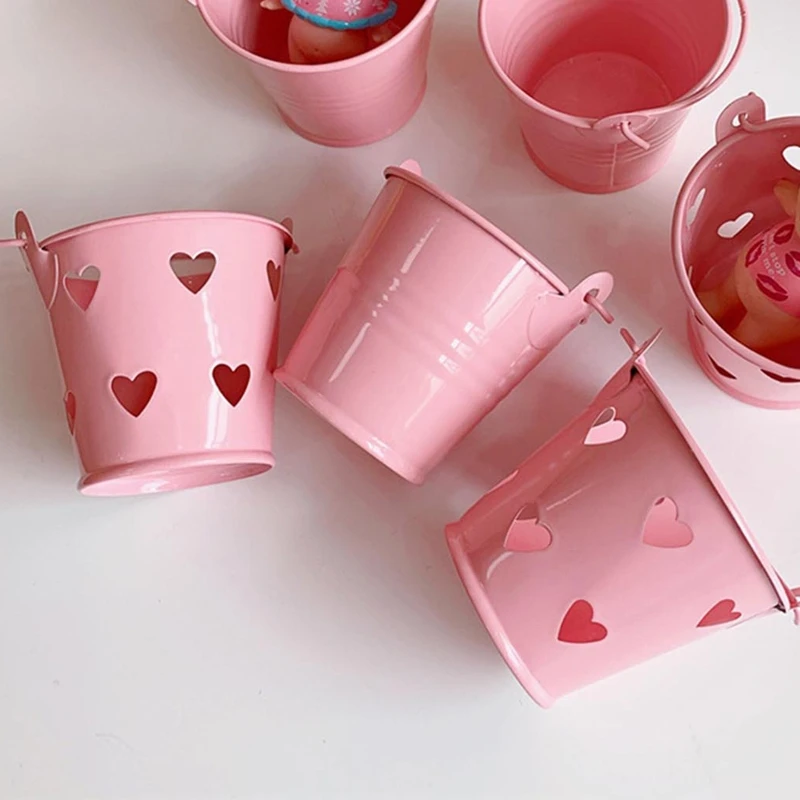 

Lovely Bucket Pencil Holder Pink Metal Makeup Brush Storage Pen Container for Office Home School Table Supply