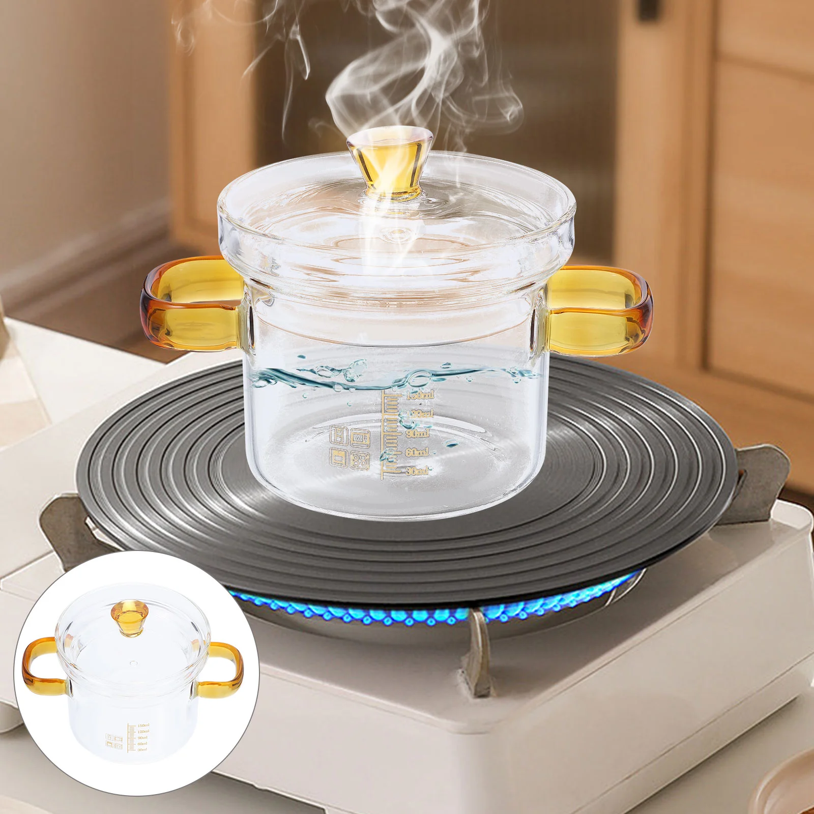 

Small Glass Stew Pot with Lid Double Handle Kitchen Cookware Stove Cooking Pot