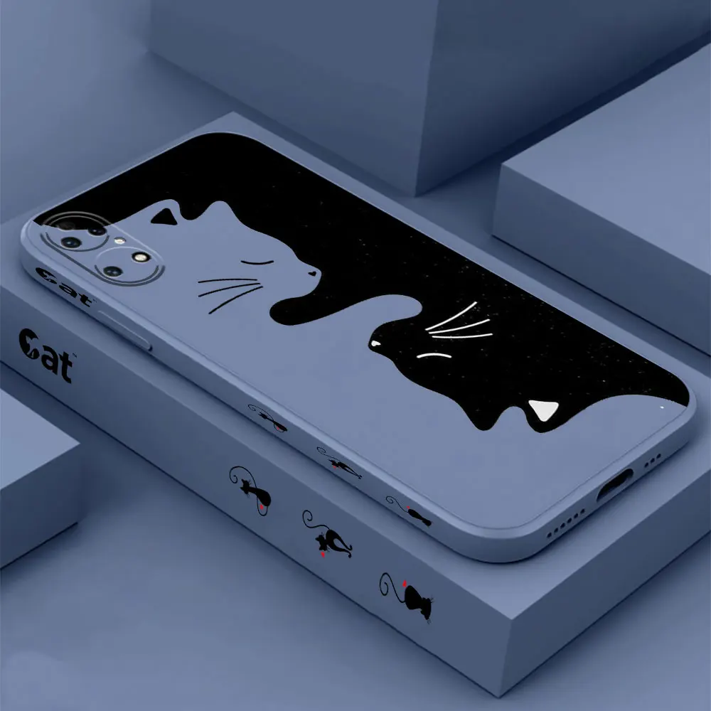 Funny Black Aggrieved Cat Phone Case For Huawei P60 P50 P40 P30 P20 Mate 50 40 30 20 20X 10 Colour Liquid Silicone Cover Funda